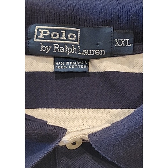 VTG Polo Ralph Lauren Polo Shirt Mens XXL Navy White Stripes Condition Issues - Picture 5 of 8